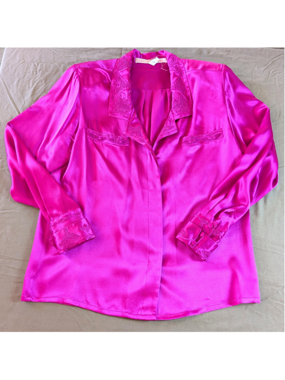 Vintage 100% Silk Fuchsia Western Blouse Size 8 Embroidered Hidden Placket Glam - Picture 16 of 16